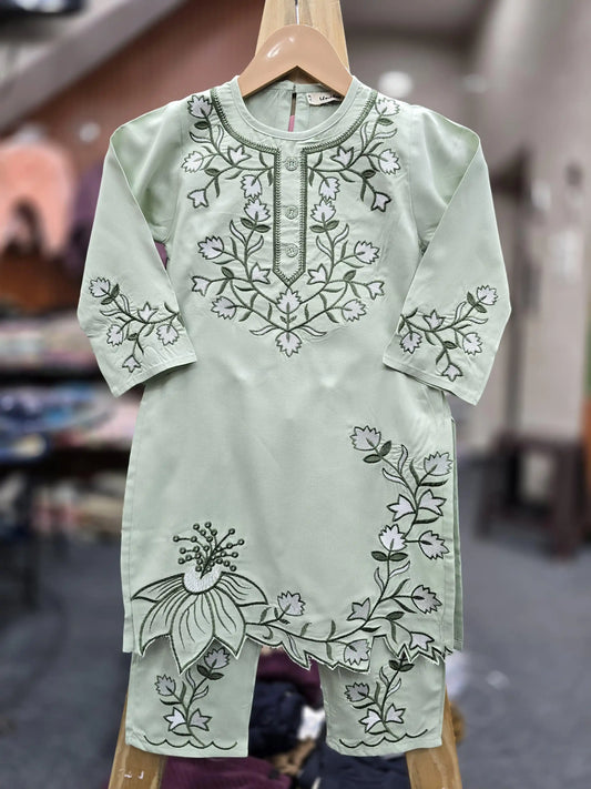 Girls kids wear rayon cutwork cordsets (kurta pant)