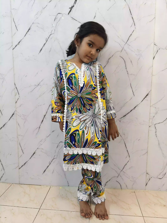 Girls Kids Karachi Lace Rayon Kurta Pant Straight Cut Cord-Sets