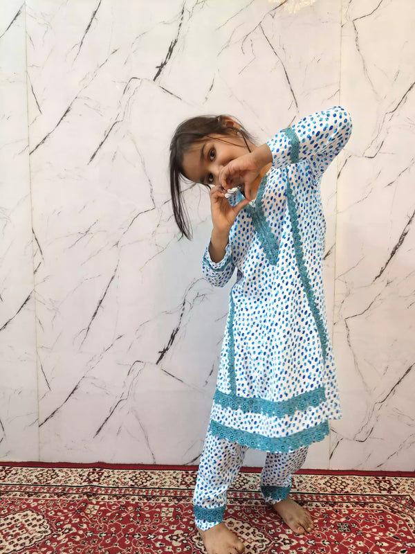 Girls Kids Karachi Lace Rayon Kurta Pant Straight Cut Cord-Sets