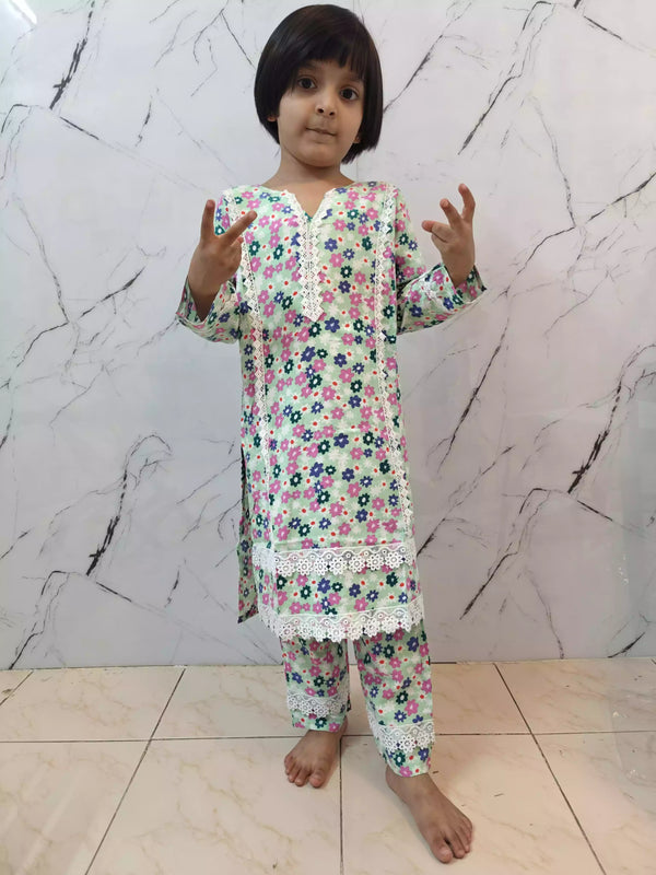 Girls Kids Karachi Lace Rayon Kurta Pant Straight Cut Cord-Sets