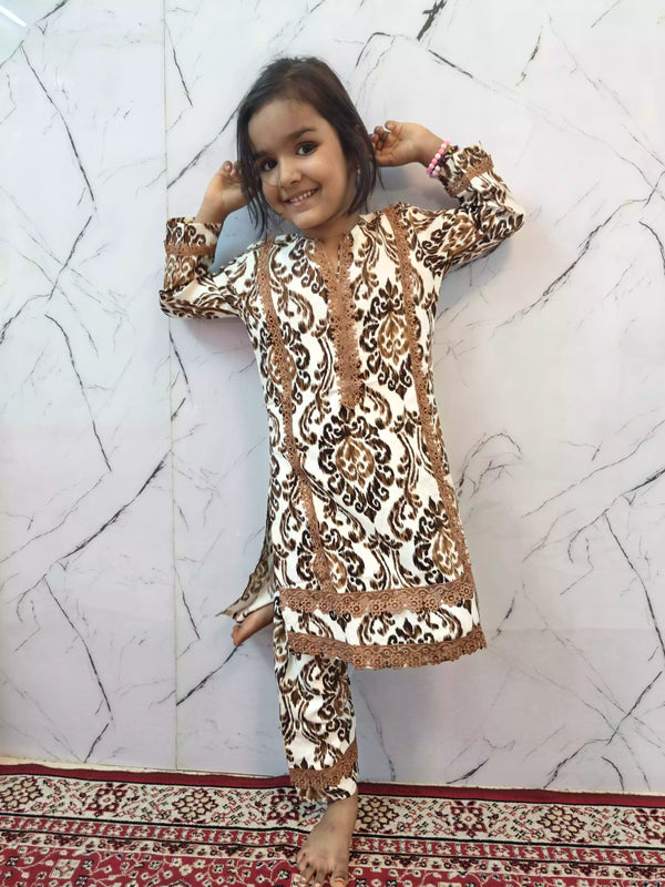 Girls Kids Karachi Lace Rayon Kurta Pant Straight Cut Cord-Sets