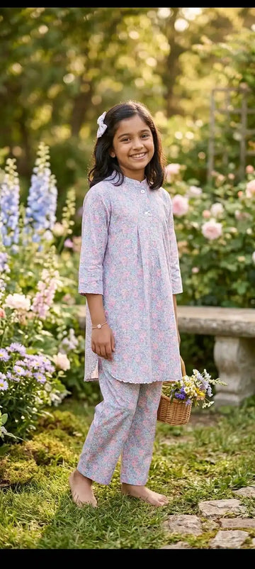 Girls Modern Leafy Print Lightweight Rayon Co-ord Set by ASC - Navy