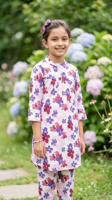 Girls Elegant Garden Print Lightweight Rayon Co-ord Set by ASC - Peach