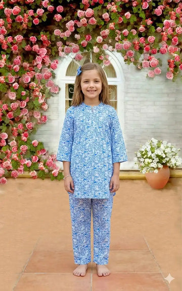 Girls Stylish Floral Print Lightweight Rayon Co-ord Set by ASC - Sky Blue