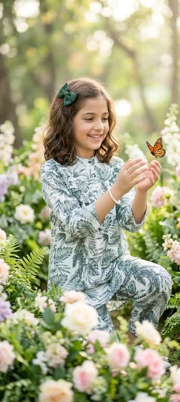Girls Summer Blossom Lightweight Rayon Co-ord Set by ASC - Green