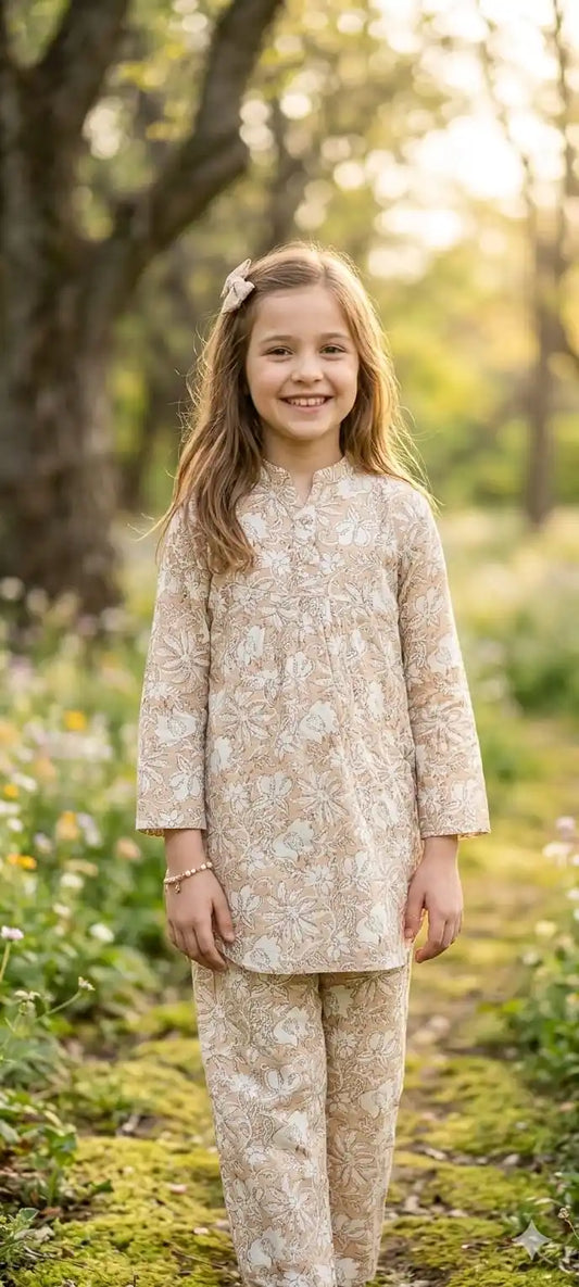GIRLS KIDS WEAR RAYON SUMMER FRIENDLY TRENDY STYLE PRINTED CORD-SETS in floral design, perfect for warm weather.