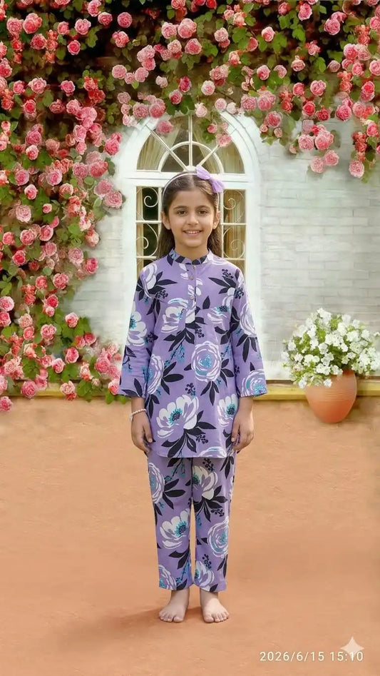 GIRLS KIDS WEAR RAYON SUMMER FRIENDLY TRENDY STYLE PRINTED CORD-SETS in floral design, perfect for summer outfits.