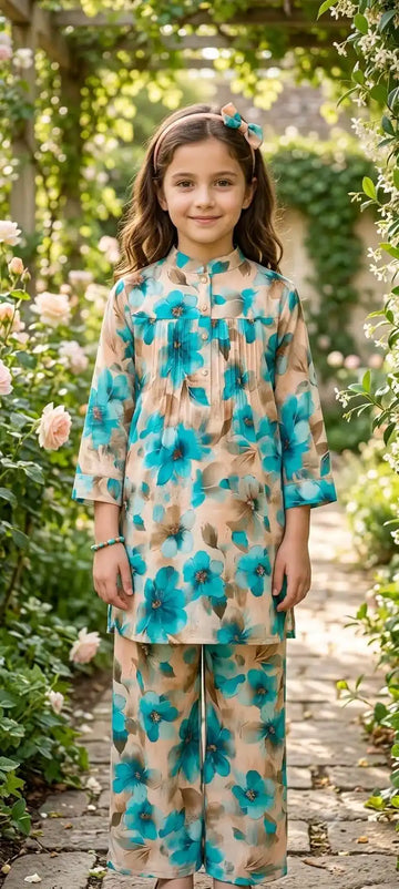 GIRLS KIDS WEAR RAYON SUMMER FRIENDLY TRENDY STYLE PRINTED CO-ORD SET