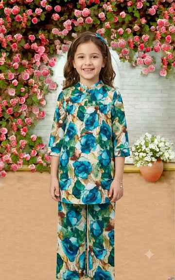 Girls Rayon Summer Printed Co-Ord Set by ASC - Teal Geometric
