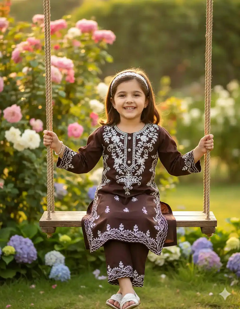 Lucknowi Work Girls Straight Cut Cord Set Kurta Pant