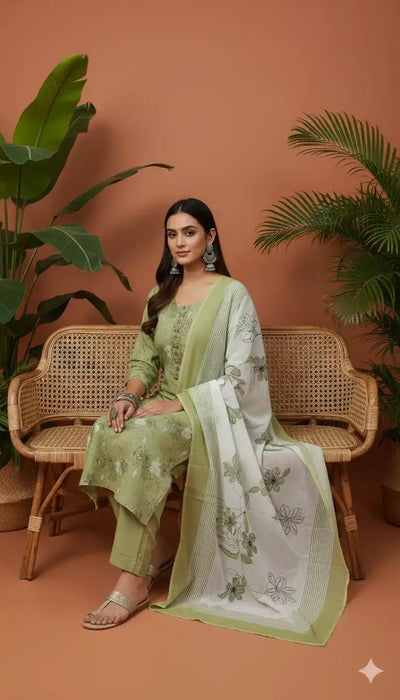 Readymade Block Print Cotton Suit With Cotton Dupatta — Style 6, showcasing a model seated with plants.