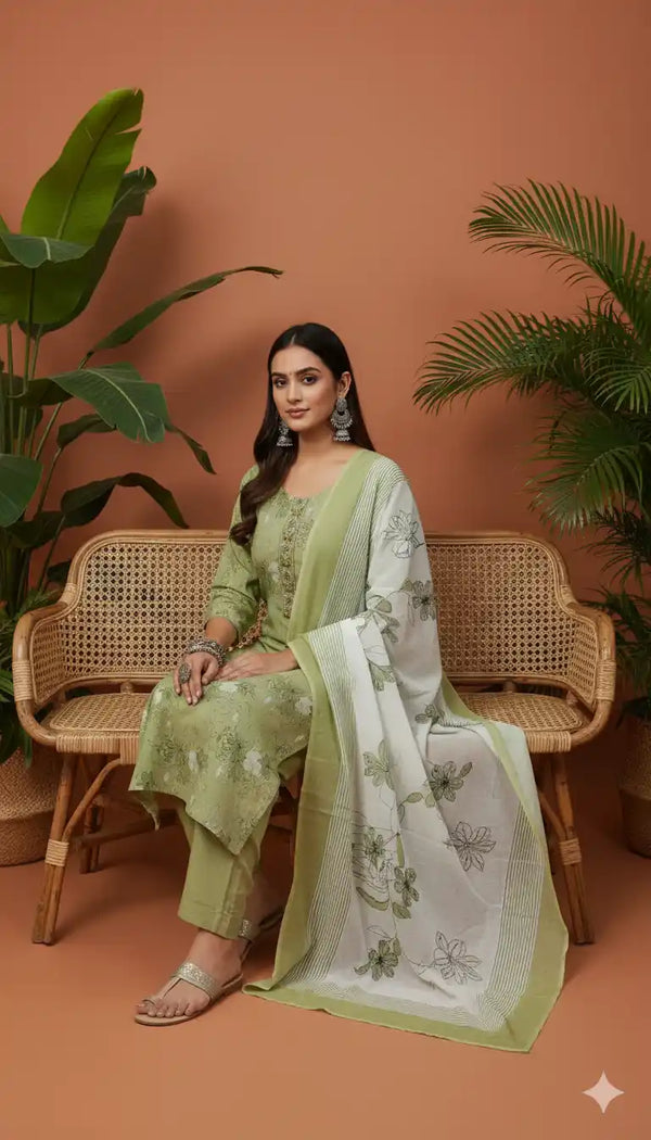 Readymade Block Print Cotton Suit With Cotton Dupatta