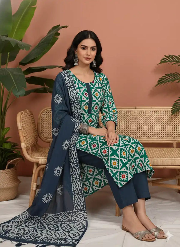 2XL Straight cut Sea green With Ash Grey Cotton  Handloom Wax Batic Readymade Suit