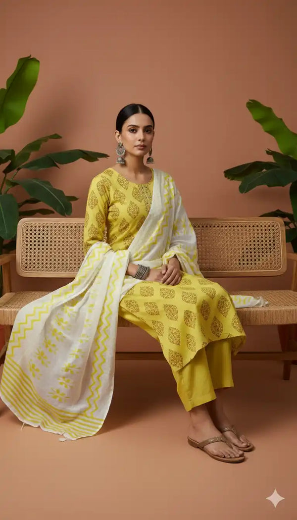 Readymade Block Print Cotton Suit With Cotton Dupatta