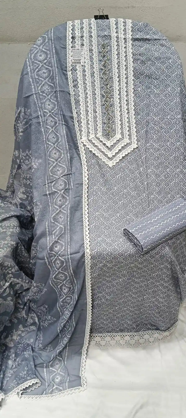 Single Hit Design Unstitched Curetia Material Crochet Lace 4  Sided Dupatta With Neck Embroidered Top, Daman Crochet & Cotton Bottom