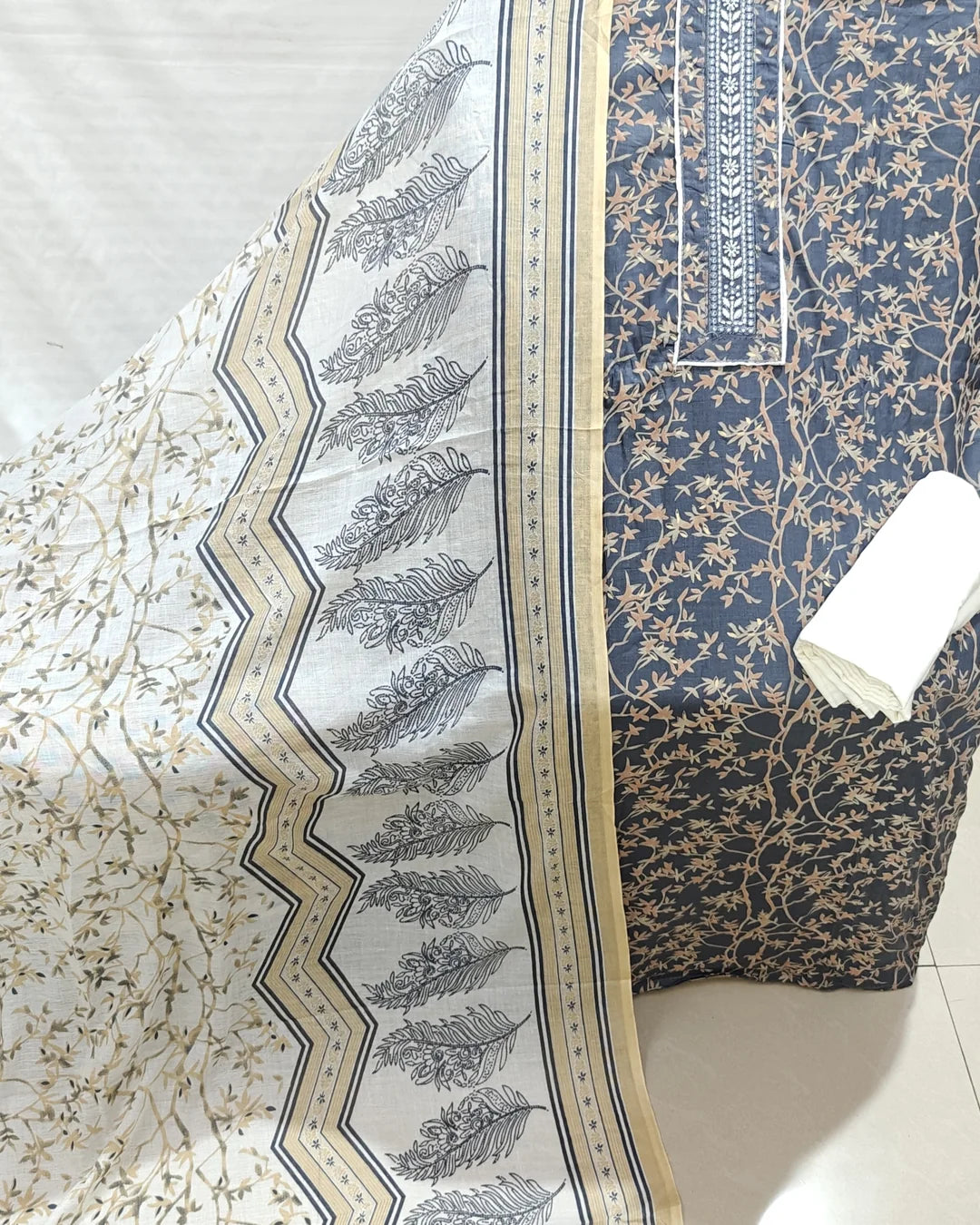 Navy & Beige Leaf Jaal Mor-Pankh Border Unstitched Dress Material By ASC