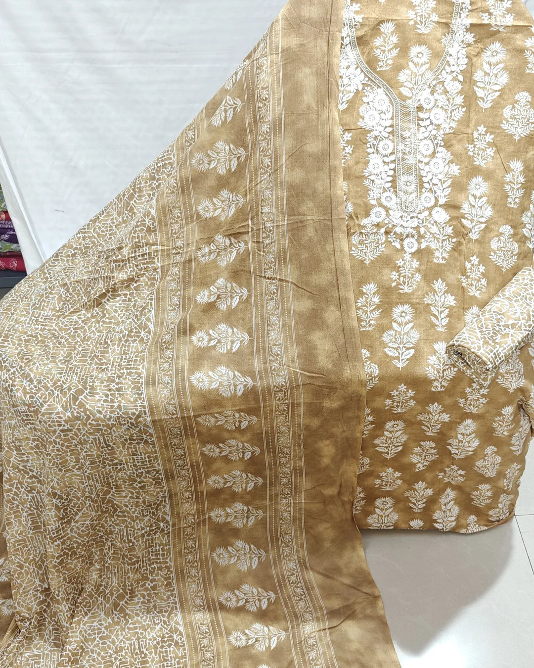 Beige Marble Batik Print Unstitched Dress Material By ASC
