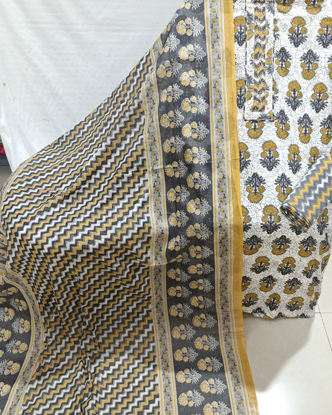 Grey & Yellow Sanganeri Floral Booti Unstitched Dress Material By ASC