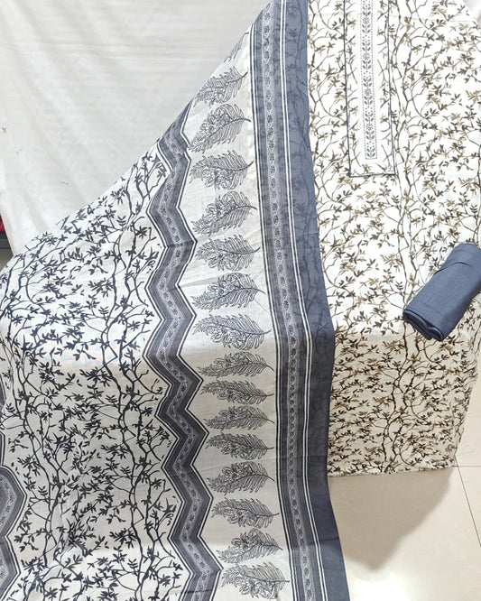 Black & White Leaf Jaal Mor-Pankh Border Unstitched Dress Material By ASC