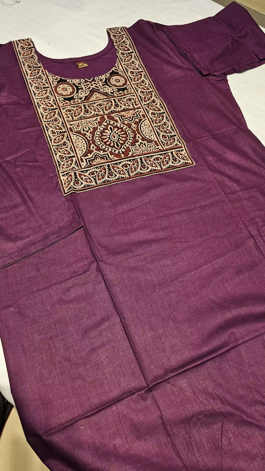 South Pattern Neck Kacchi Dabu Patch Straight Cut Kurti With Full Sleeves (No Dupatta No Bottom)Only Kurti