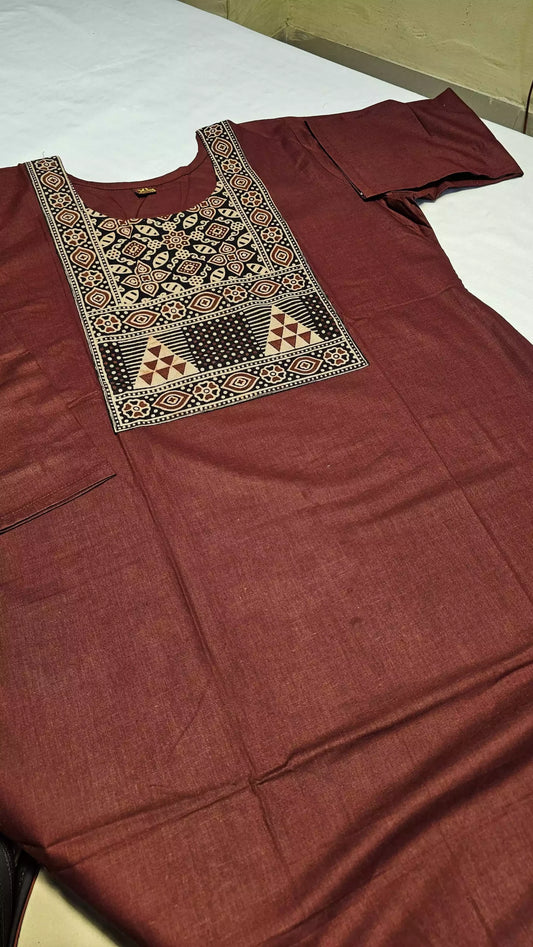 South Pattern Neck Kacchi Dabu Patch Straight Cut Kurti With Full Sleeves (No Dupatta No Bottom)Only Kurti