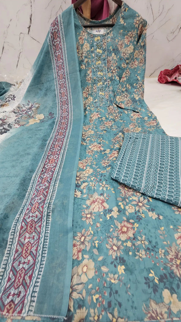 Readymade Block Print Cotton Suit With Cotton Dupatta