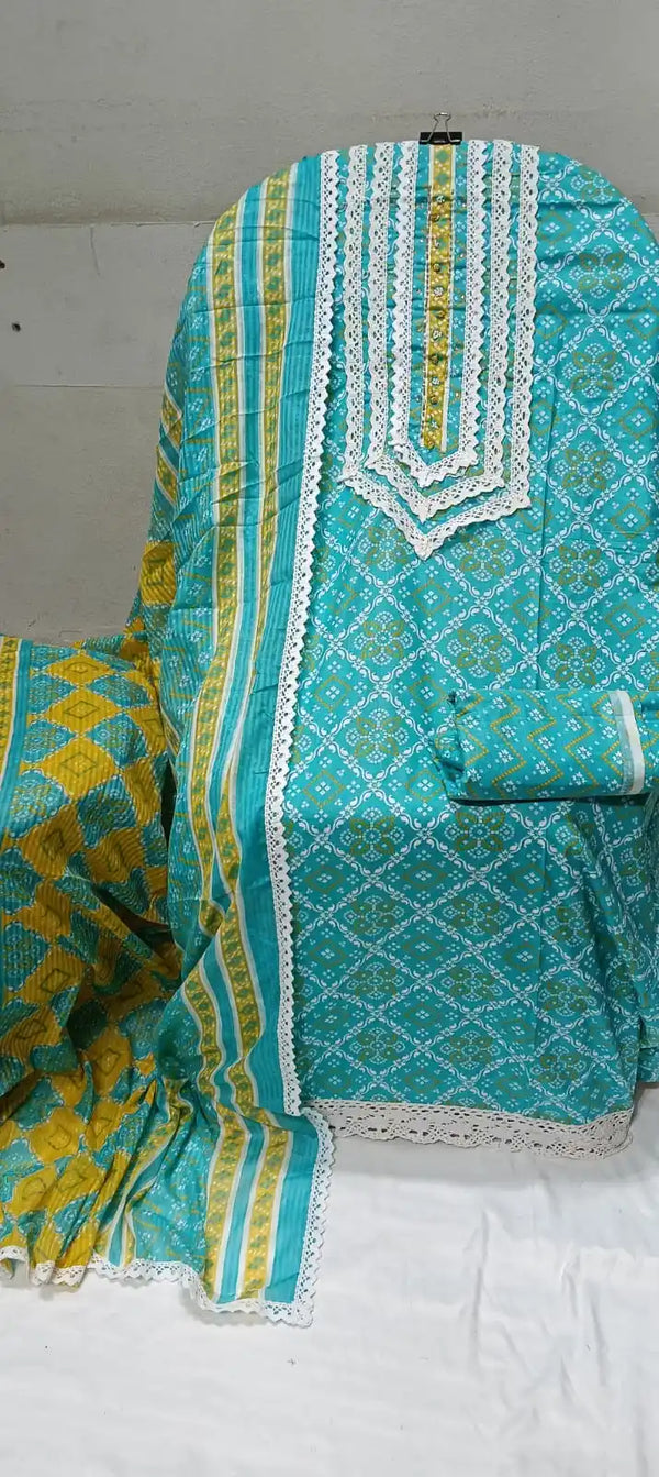 Crochet Lace 4  Sided Dupatta With Neck Embroidered Top, Daman Crochet & Cotton Bottom