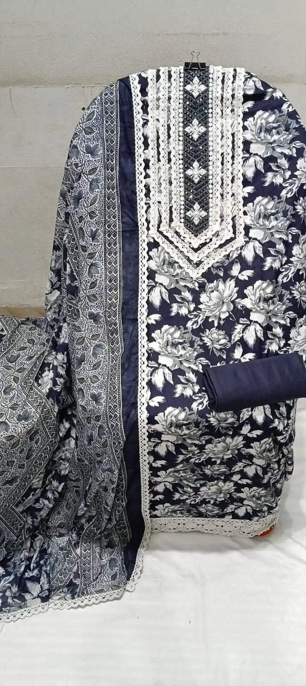 Crochet Lace 4  Sided Dupatta With Neck Embroidered Top, Daman Crochet & Cotton Bottom