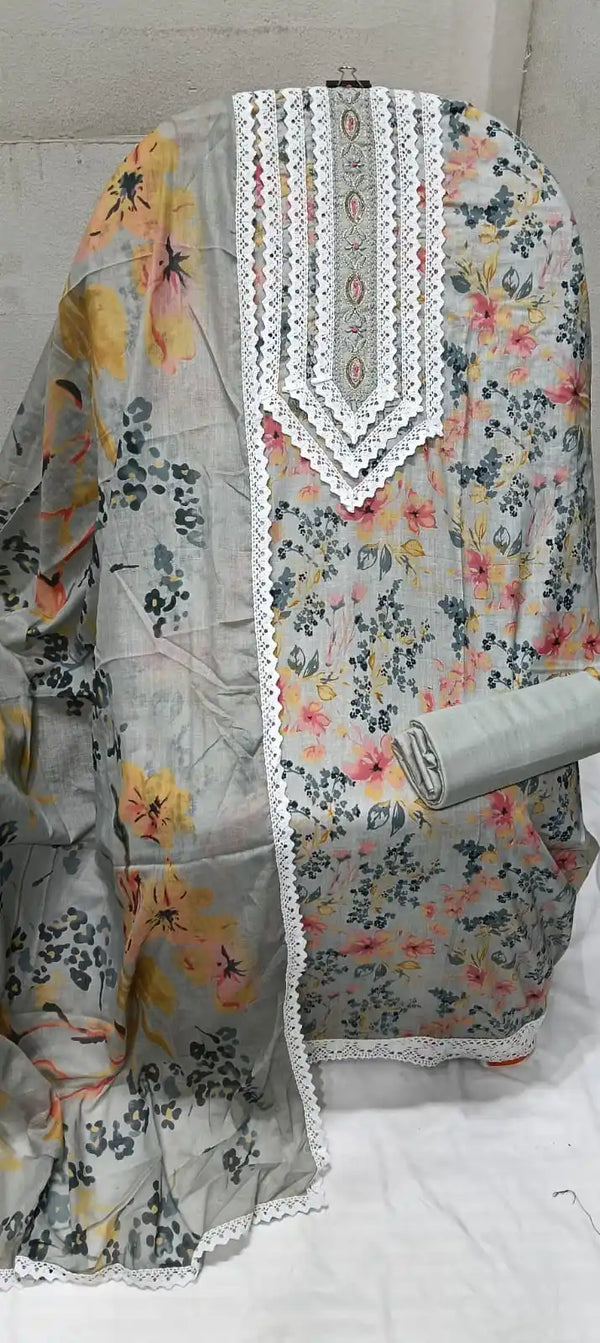 Crochet Lace 4  Sided Dupatta With Neck Embroidered Top, Daman Crochet & Cotton Bottom