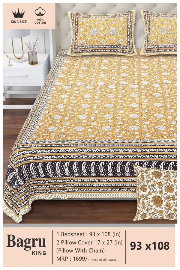 Queen Size 7ft*8.5ft Sanganeri Bedsheet With 2 Pillow Covers