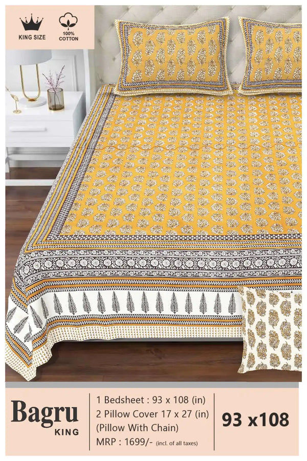 Queen Size 7ft*8.5ft Sanganeri Bedsheet With 2 Pillow Covers