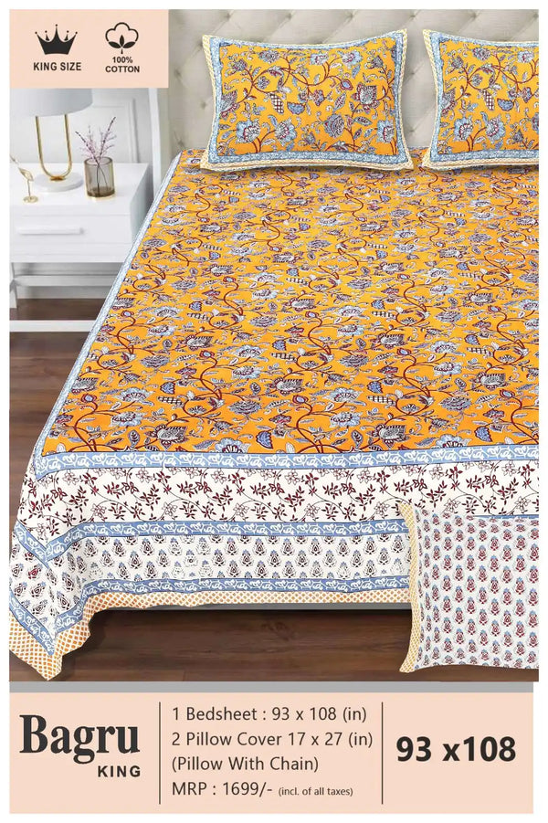 Queen Size 7ft*8.5ft Sanganeri Bedsheet With 2 Pillow Covers