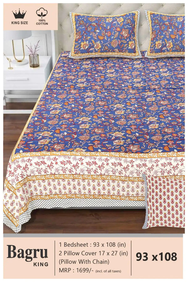 Queen Size 7ft*8.5ft Sanganeri Bedsheet With 2 Pillow Covers