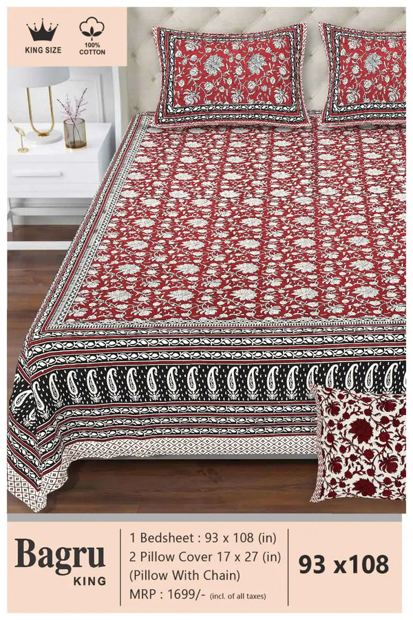 Queen Size 7ft*8.5ft Sanganeri Bedsheet With 2 Pillow Covers