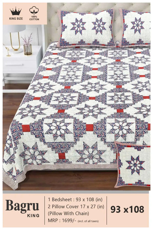 Queen Size 7ft*8.5ft Sanganeri Bedsheet With 2 Pillow Covers