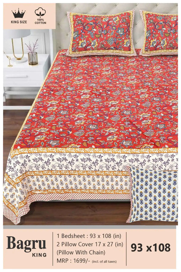 Queen Size 7ft*8.5ft Sanganeri Bedsheet With 2 Pillow Covers