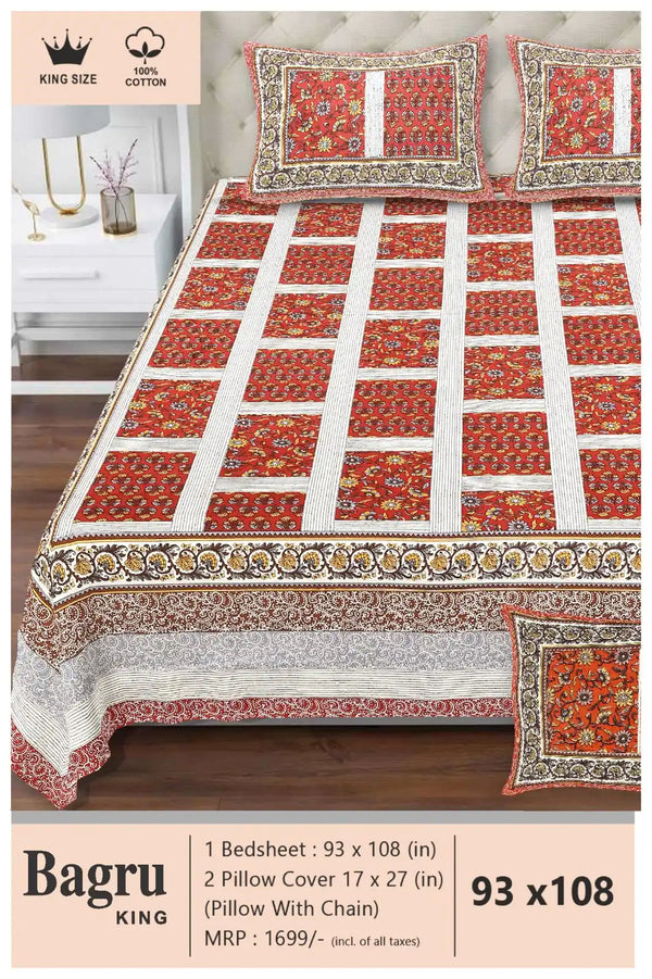 Queen Size 7ft*8.5ft Sanganeri Bedsheet With 2 Pillow Covers