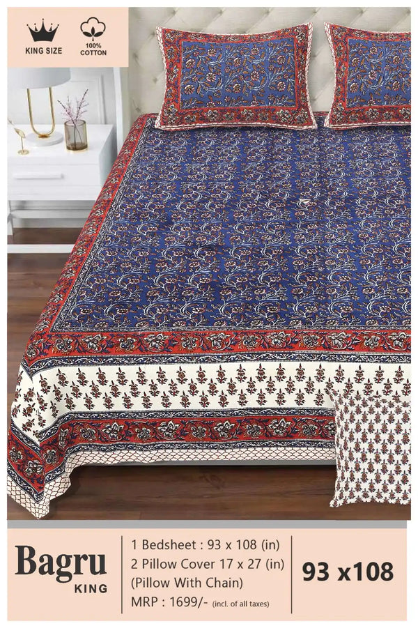 Queen Size 7ft*8.5ft Sanganeri Bedsheet With 2 Pillow Covers