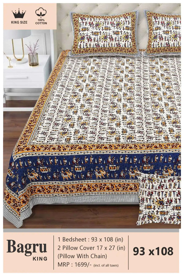 Queen Size 7ft*8.5ft Sanganeri Bedsheet With 2 Pillow Covers