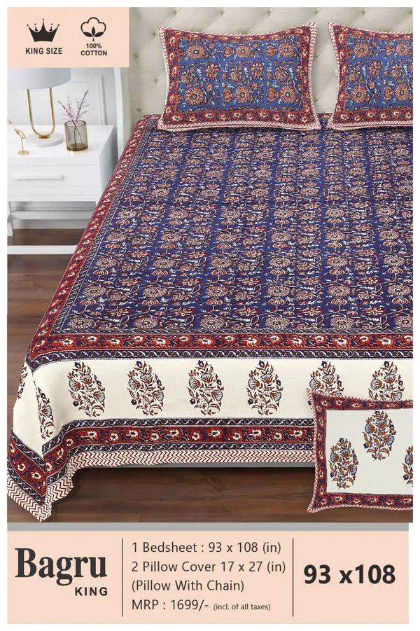 Queen Size 7ft*8.5ft Sanganeri Bedsheet With 2 Pillow Covers