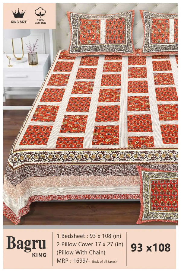 Queen Size 7ft*8.5ft Sanganeri Bedsheet With 2 Pillow Covers