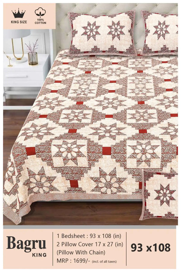 Queen Size 7ft*8.5ft Sanganeri Bedsheet With 2 Pillow Covers