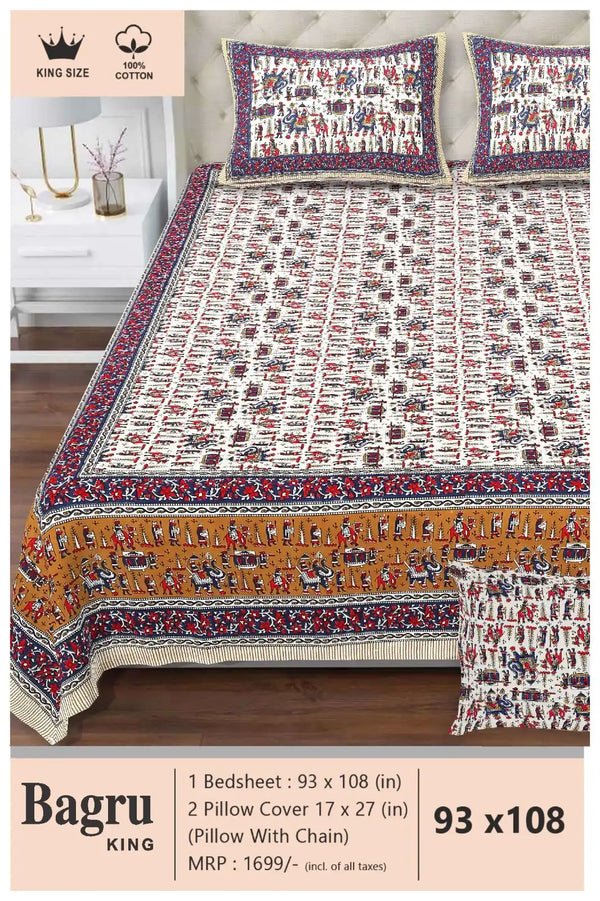 Queen Size 7ft*8.5ft Sanganeri Bedsheet With 2 Pillow Covers