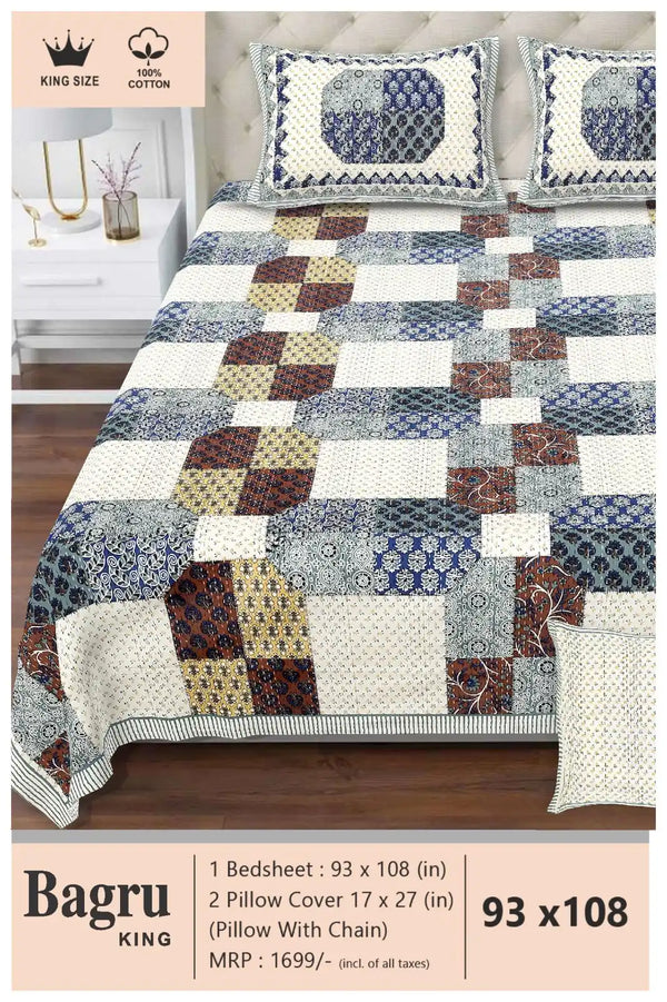 Queen Size 7ft*8.5ft Sanganeri Bedsheet With 2 Pillow Covers