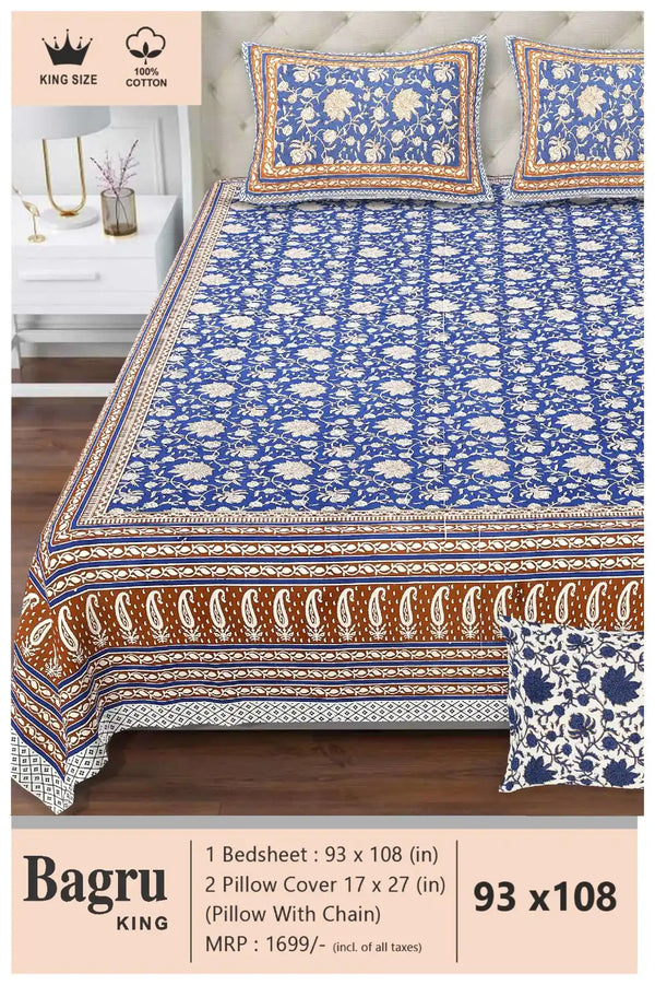 Queen Size 7ft*8.5ft Sanganeri Bedsheet With 2 Pillow Covers