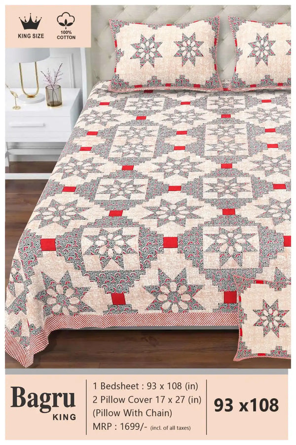 Queen Size 7ft*8.5ft Sanganeri Bedsheet With 2 Pillow Covers