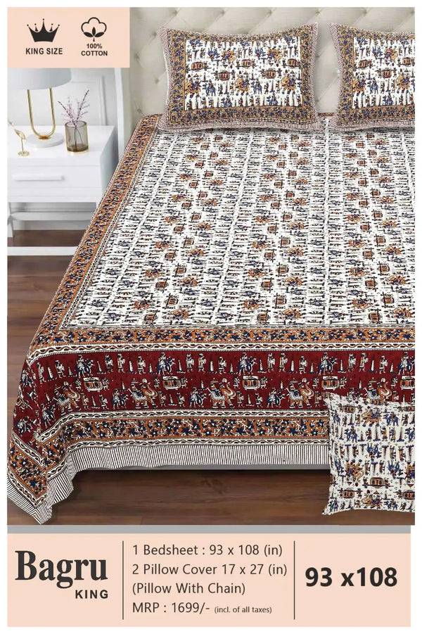 Queen Size 7ft*8.5ft Sanganeri Bedsheet With 2 Pillow Covers