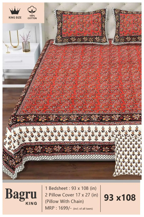 Queen Size 7ft*8.5ft Sanganeri Bedsheet With 2 Pillow Covers