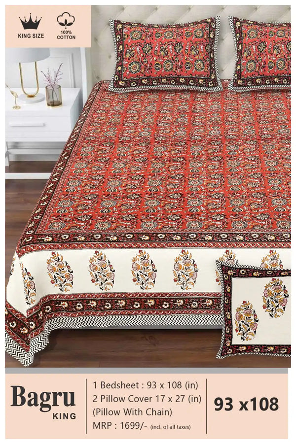 Queen Size 7ft*8.5ft Sanganeri Bedsheet With 2 Pillow Covers