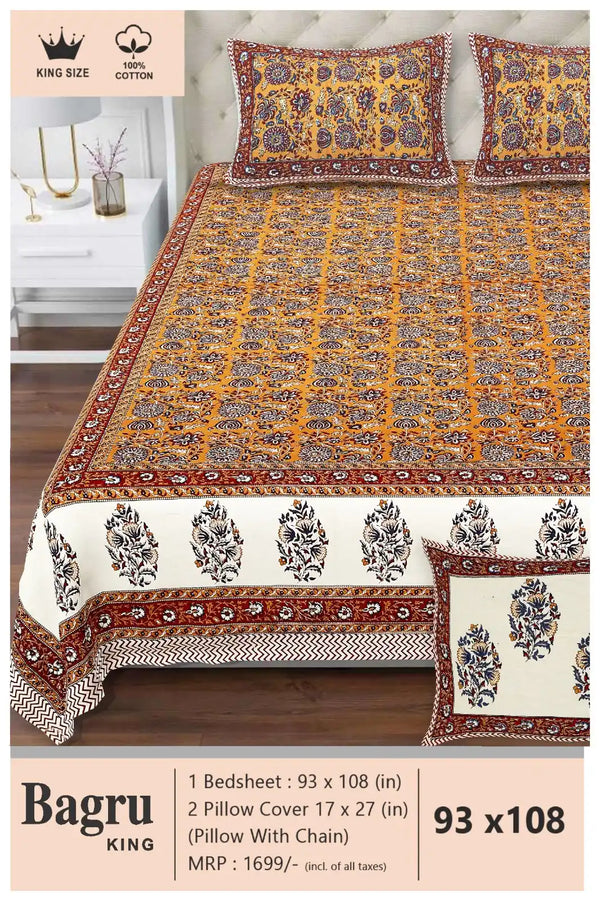 Queen Size 7ft*8.5ft Sanganeri Bedsheet With 2 Pillow Covers